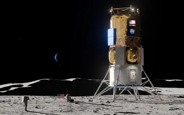 Blue Moon lunar lander spacecraft on the moon’s surface, 8K Ultra HD desktop wallpaper background.