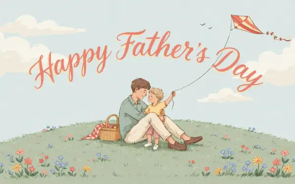 Happy Father’s Day illustration of a father and child flying a kite on a flower-filled hill, 2K Quad HD desktop wallpaper