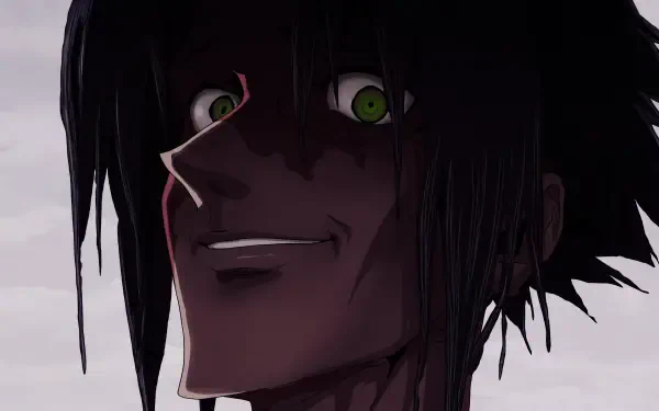 Scary anime portrait of a grinning, green-eyed character from Cyberpunk: Edgerunners 2, featured in a 5K Ultra HD PC desktop wallpaper.