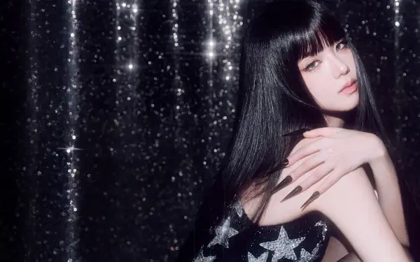 Jisoo of Blackpink in a star-patterned dress against a sparkling backdrop, 5K Ultra HD PC desktop wallpaper portrait