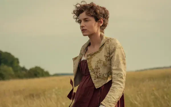 Emma Corrin in a period dress in a golden field from Netflix’s Pride and Prejudice (2026), HD desktop wallpaper.