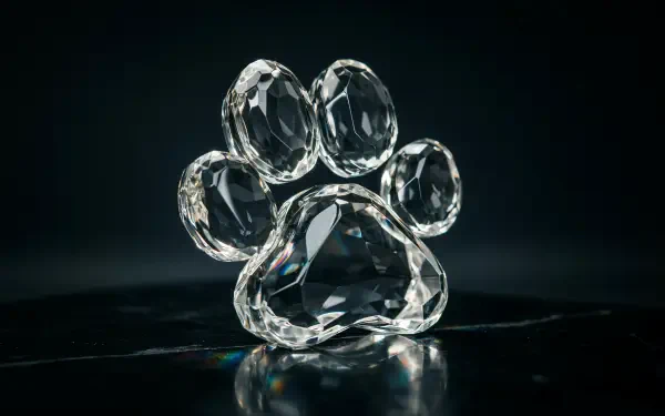 A sparkling crystal glass paw print sculpture on a dark reflective surface, featured in a 4K Ultra HD PC desktop wallpaper.