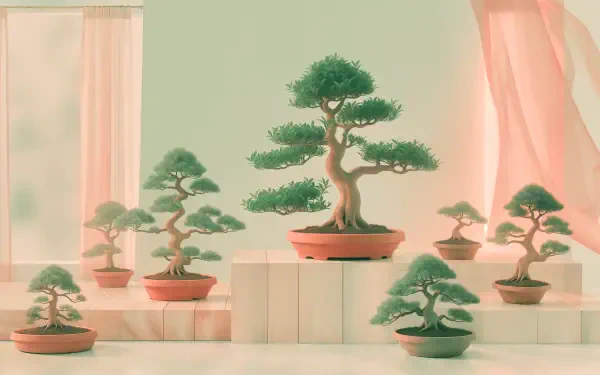 Serene bonsai garden with miniature trees on display in warm sunlight, 4K Ultra HD PC desktop wallpaper and background.