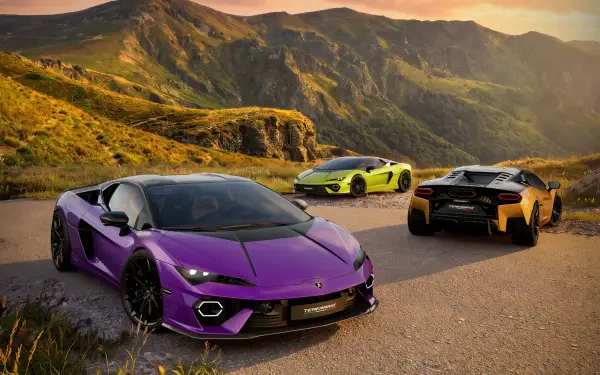 Lamborghini Temerario Tettonero supercars on a mountain road, 2K Quad HD PC desktop wallpaper and background.