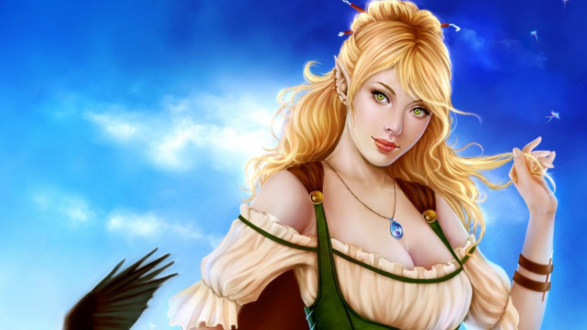 A captivating fantasy scene featuring a woman with long blonde hair and vibrant green eyes, set against a dreamy blue sky. An enchanting HD desktop wallpaper.