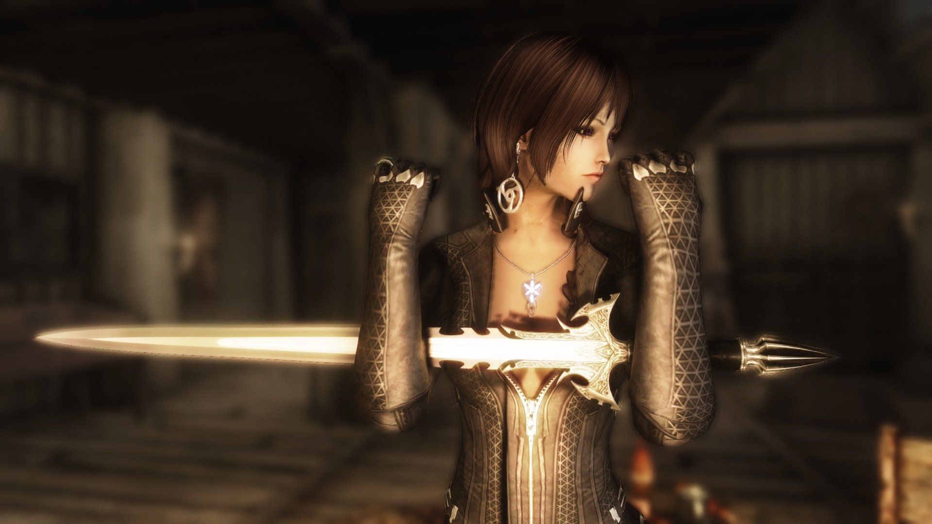 A character from The Elder Scrolls V: Skyrim stands confidently with a sword, showcasing intricate armor and a determined expression, set against a soft background.