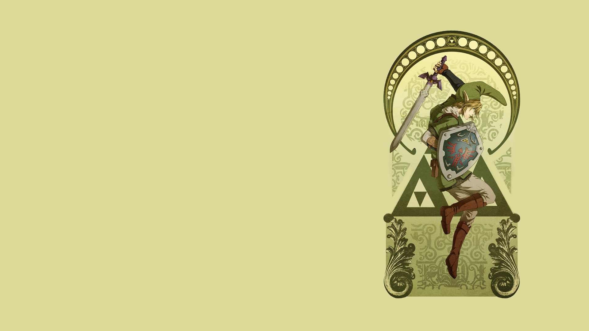 HD PC wallpaper featuring Link from the video game The Legend of Zelda, depicted in an art nouveau style with the Triforce symbol in the background.