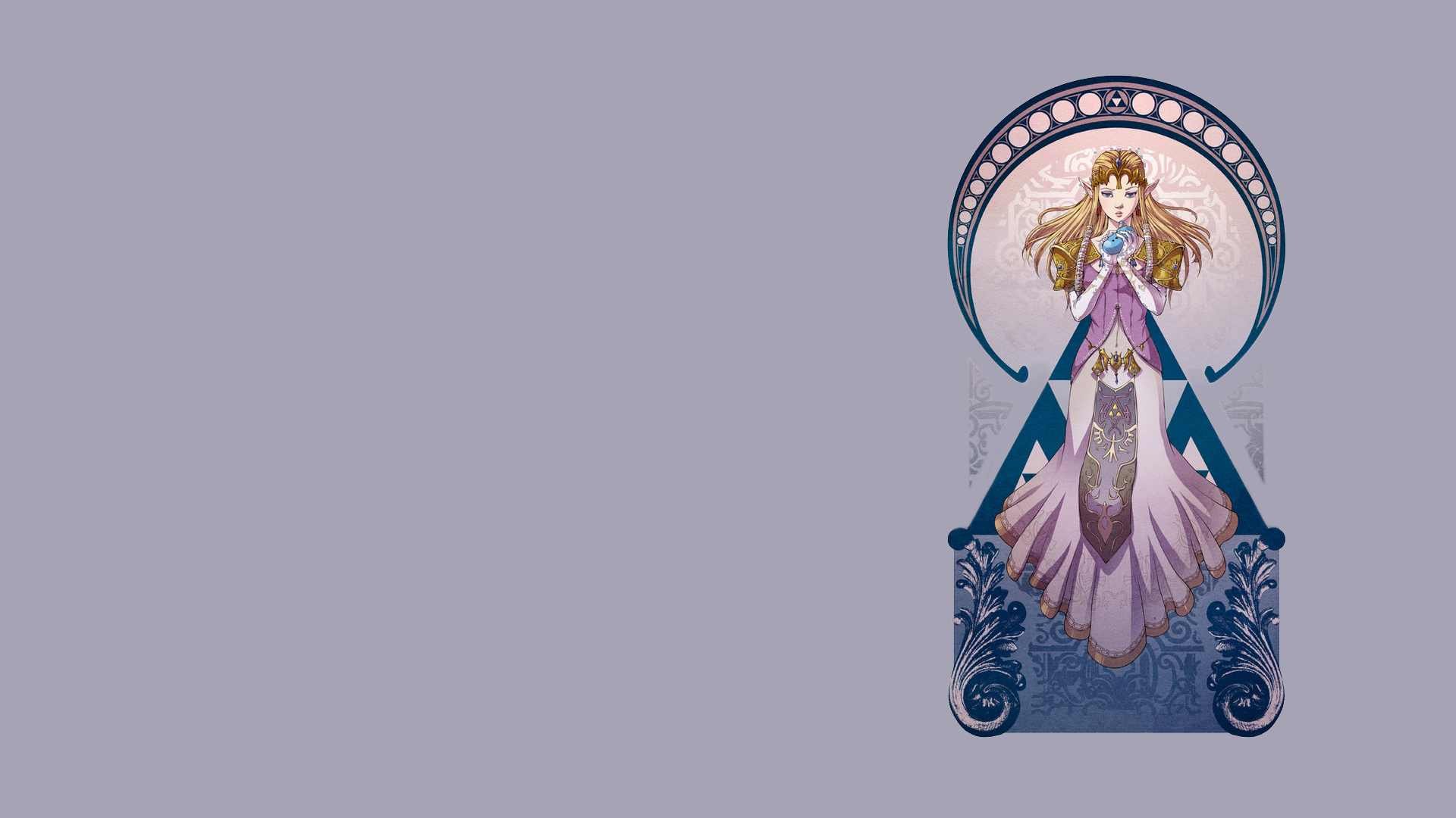 HD PC desktop wallpaper featuring Princess Zelda from The Legend of Zelda, depicted in an elegant, art nouveau style against a soft lavender background.