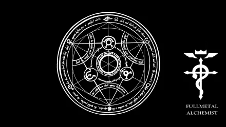 A minimalist HD desktop wallpaper featuring the iconic transmutation circle from Fullmetal Alchemist, set against a sleek black background with the series' logo.