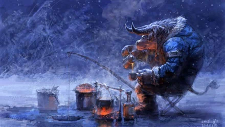 A tranquil HD wallpaper featuring a character from World of Warcraft, fishing in a snowy landscape, enjoying a warm drink by a fire, encapsulating a cozy gaming atmosphere.