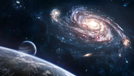 A stunning HD wallpaper depicting a sci-fi galaxy scene, featuring swirling galaxies, distant stars, and a view of a planet from the surface of another celestial body.