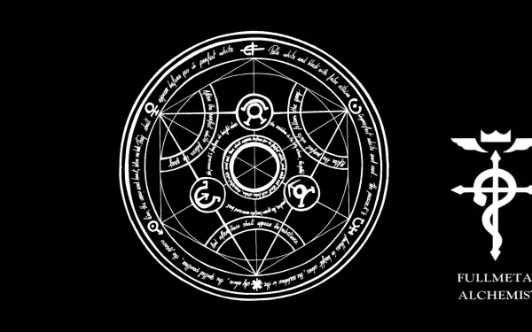 A minimalist HD desktop wallpaper featuring the iconic transmutation circle from Fullmetal Alchemist, set against a sleek black background with the series' logo.