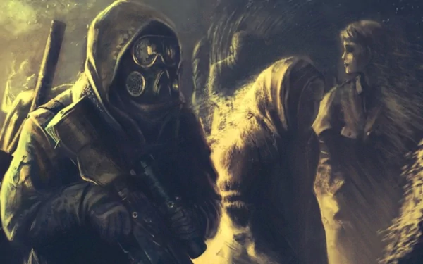A moody HD wallpaper from Metro 2033, featuring a masked figure in a post-apocalyptic setting, encounters mysterious shadowy figures in a hauntingly atmospheric environment.