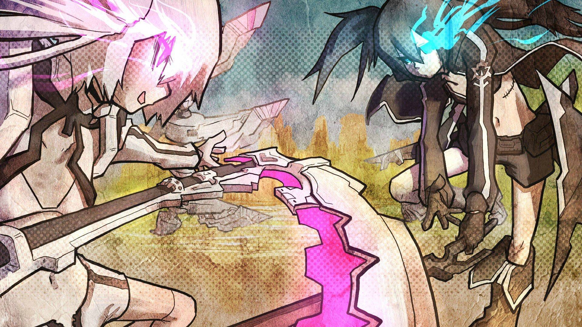 HD anime desktop wallpaper featuring White Rock Shooter and Black Rock Shooter in dynamic, intense battle poses with vibrant energy effects.