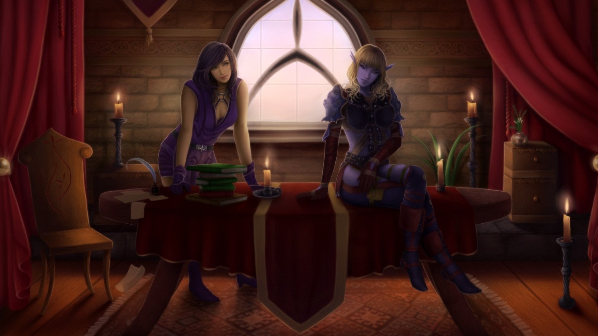 Fantasy-themed HD PC desktop wallpaper depicting two women in medieval attire inside a warmly lit room with a large arched window and candles.