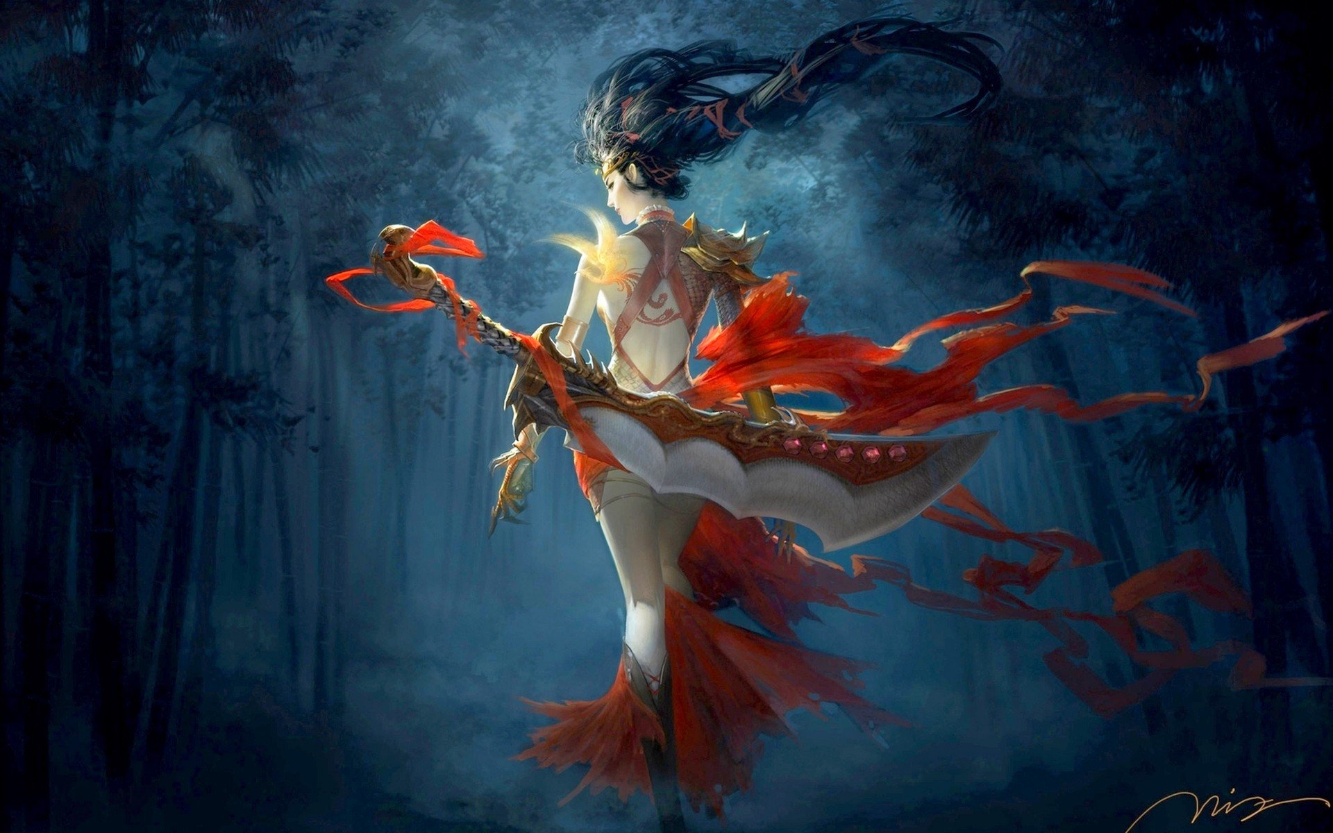 A fantasy-themed HD wallpaper depicting a woman warrior with flowing hair and striking armor, standing poised in a mystical, dark forest backdrop.