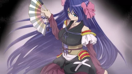A vibrant HD wallpaper featuring a character from the anime Oda Nobuna No Yabou, showcasing her in a detailed outfit with a fan and flowing hair.
