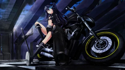 A striking HD wallpaper featuring Black Rock Shooter, an anime character, posed confidently beside a sleek motorcycle in a dramatic setting.