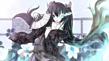 HD desktop wallpaper featuring an anime character from Black Rock Shooter, dressed in a kimono, holding a fan, with floral elements in the background.