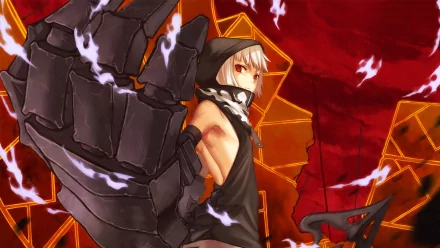 Strength (Black Rock Shooter) anime HD PC desktop wallpaper and background: hooded Strength with a massive mechanical arm poised against a fiery red, angular sky.