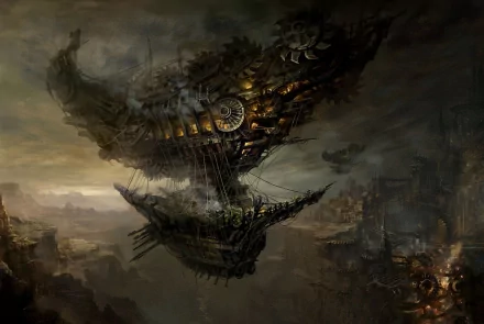 HD desktop wallpaper features a detailed steampunk sci-fi scene with an intricate airship floating above a dark, industrial landscape under a cloudy sky.