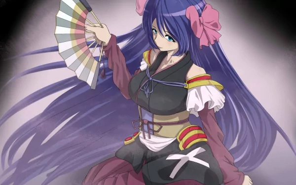 A vibrant HD wallpaper featuring a character from the anime Oda Nobuna No Yabou, showcasing her in a detailed outfit with a fan and flowing hair.