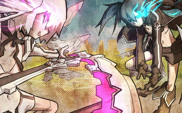 HD anime desktop wallpaper featuring White Rock Shooter and Black Rock Shooter in dynamic, intense battle poses with vibrant energy effects.