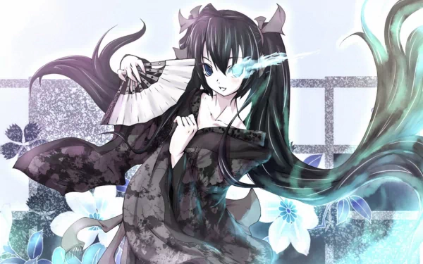 HD desktop wallpaper featuring an anime character from Black Rock Shooter, dressed in a kimono, holding a fan, with floral elements in the background.