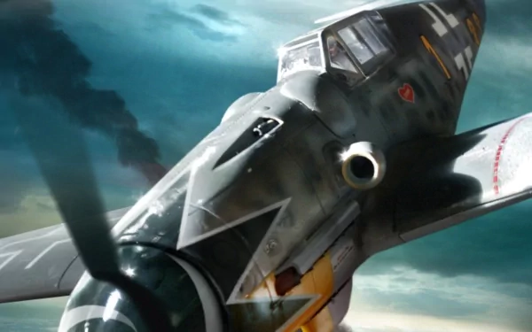HD desktop wallpaper featuring a detailed close-up of a Messerschmitt Bf 109 military aircraft in flight under a dramatic cloudy sky.