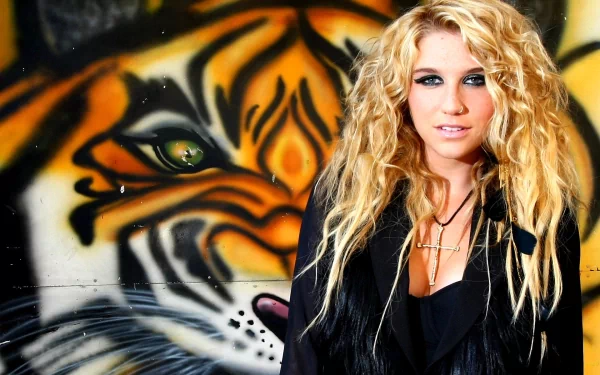 HD music-themed PC wallpaper: blonde pop singer with wavy hair and dark makeup posed before vivid tiger graffiti.