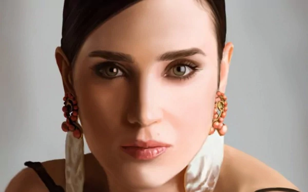 Close-up portrait of actress Jennifer Connelly, styled with elegant makeup and statement earrings, featured as an HD PC desktop wallpaper and background.