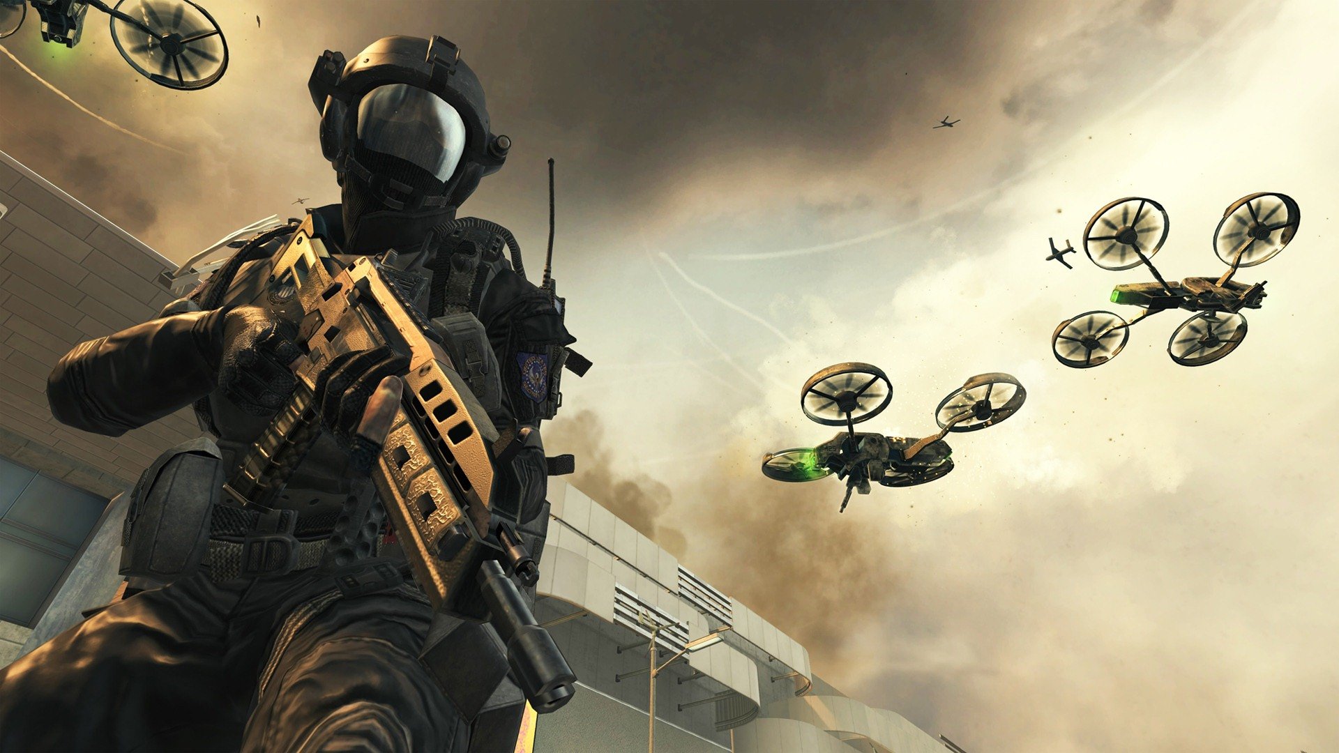 A soldier in tactical gear holds a gun, surrounded by drones against a dramatic sky, capturing the intense atmosphere of Call of Duty: Black Ops II in this HD PC desktop wallpaper.