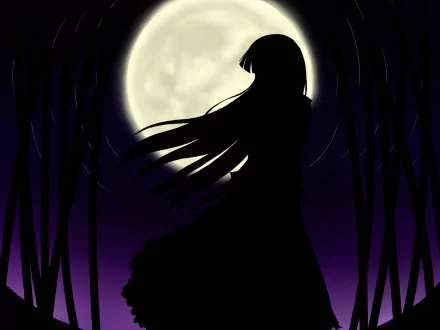Silhouette of Kaguya Houraisan from Touhou before a full moon, flowing hair and bamboo stalks in a purple sky — HD PC desktop wallpaper.