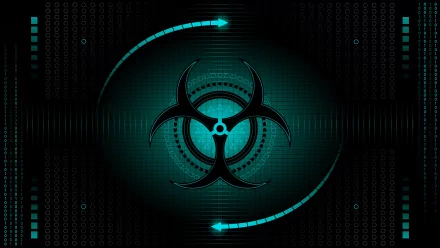 HD sci-fi desktop wallpaper featuring a glowing biohazard symbol surrounded by digital and futuristic interface elements in cyan and black tones.