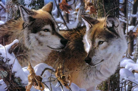 Two wolves stand together in a snowy forest, surrounded by trees and autumn leaves. The image is an HD desktop wallpaper and background.