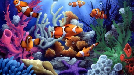 Colorful underwater scene featuring clownfish among vibrant coral and shells, showcasing the beauty of marine life. An engaging HD desktop wallpaper for nature enthusiasts.