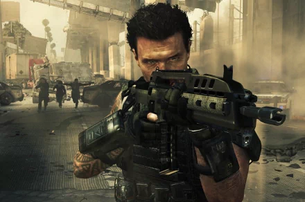 HD PC desktop wallpaper featuring an intense soldier aiming a futuristic weapon in a war-torn urban setting from the video game Call of Duty: Black Ops II.