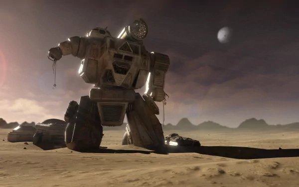HD PC desktop wallpaper featuring a man-made mech from BattleTech: The Board Game standing in a desert landscape under a dusky sky with distant mountains and a moon.