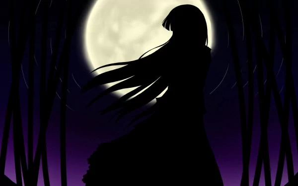 Silhouette of Kaguya Houraisan from Touhou before a full moon, flowing hair and bamboo stalks in a purple sky — HD PC desktop wallpaper.