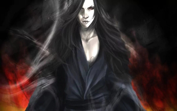 HD fantasy desktop wallpaper featuring a mysterious, dark-haired man cloaked in shadows and flames, exuding an intense and powerful aura.