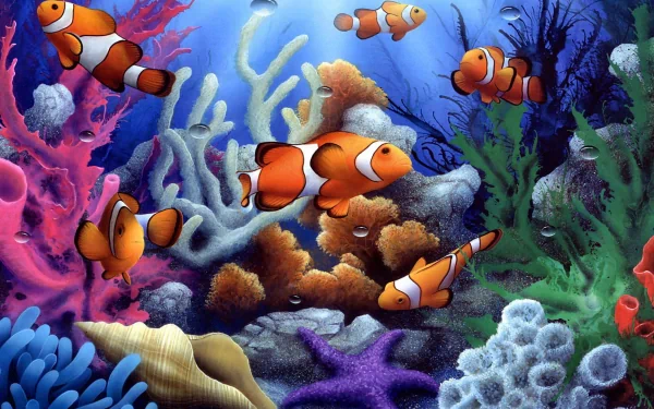 Colorful underwater scene featuring clownfish among vibrant coral and shells, showcasing the beauty of marine life. An engaging HD desktop wallpaper for nature enthusiasts.