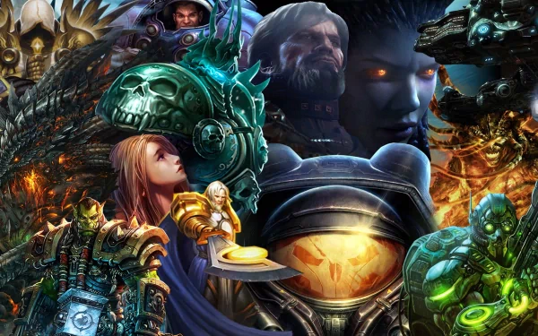 HD PC desktop wallpaper collage featuring iconic characters from Blizzard Entertainment’s Starcraft, World of Warcraft, and Diablo video games.