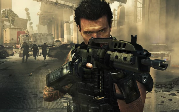 HD PC desktop wallpaper featuring an intense soldier aiming a futuristic weapon in a war-torn urban setting from the video game Call of Duty: Black Ops II.