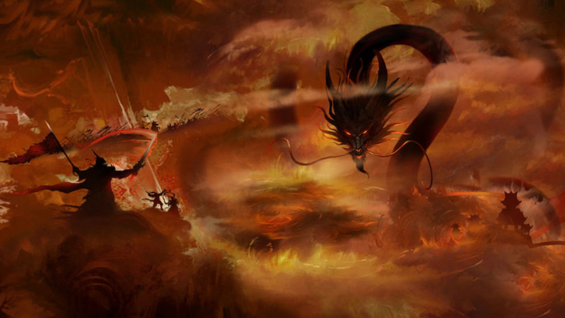 Fantasy dragon HD PC desktop wallpaper and background: colossal serpentine dragon with glowing eyes coils above a fiery battlefield while a silhouetted warrior raises a banner amid ash and storm.