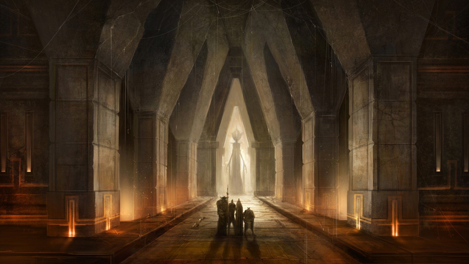 HD fantasy PC desktop wallpaper depicting a group of travelers entering a grand, glowing stone hall with towering arches and warm ambient lighting.