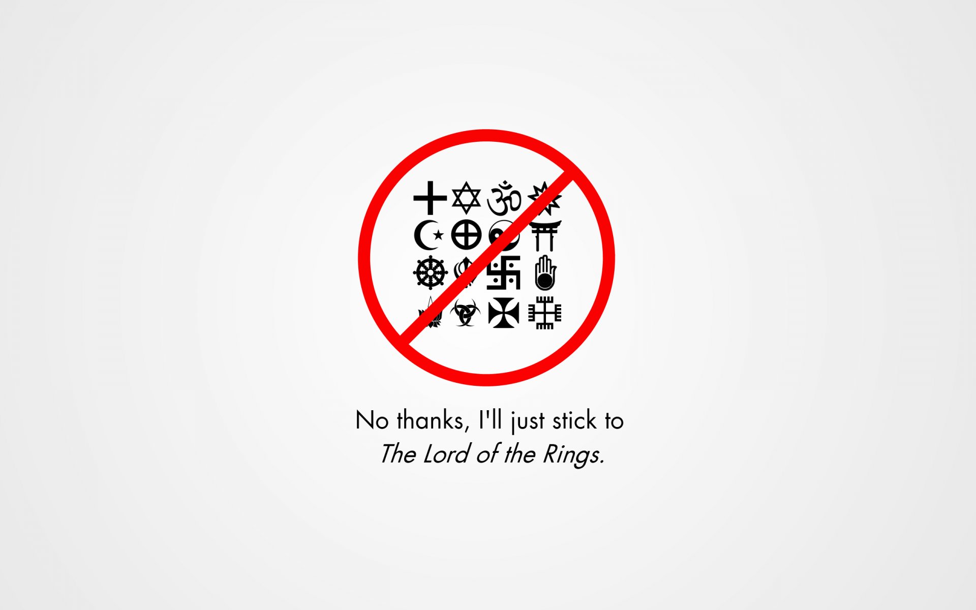 HD PC wallpaper featuring a red circle with a slash over various religious symbols, paired with the phrase rejecting religion in favor of The Lord of the Rings.