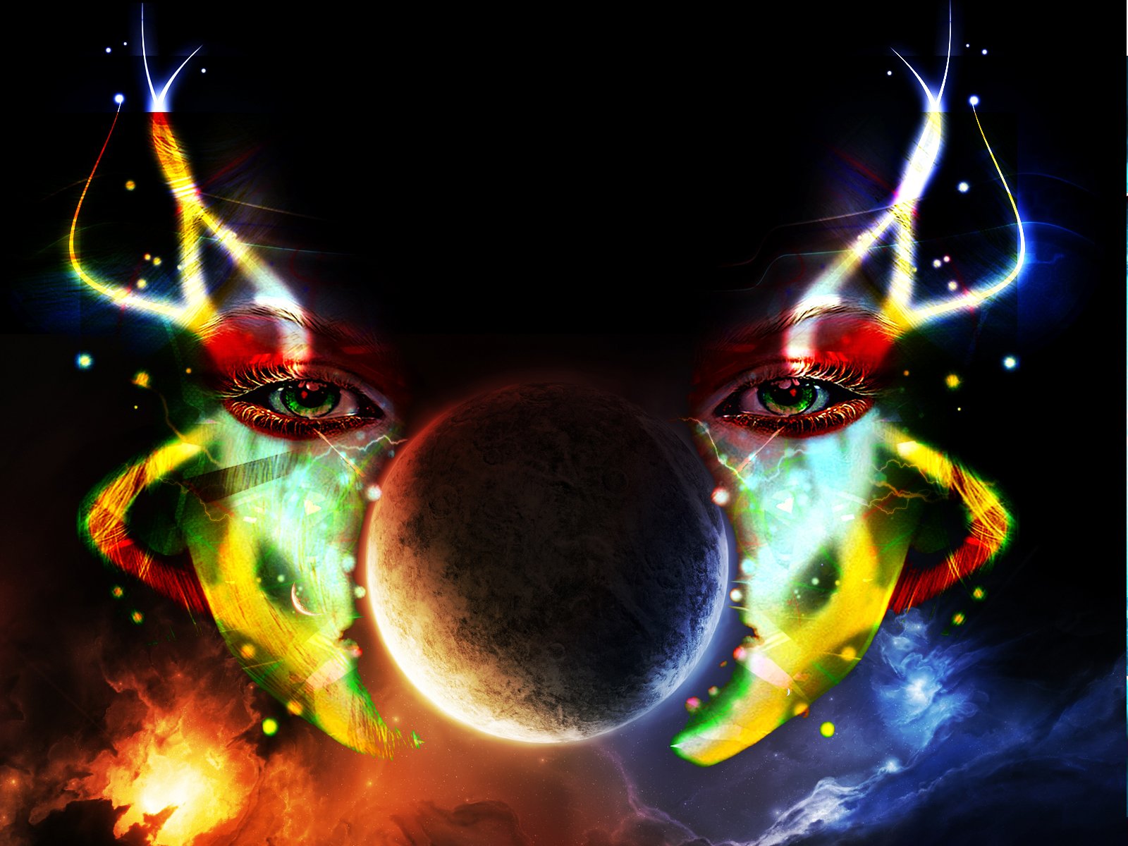 Abstract artistic HD desktop wallpaper featuring a dark planet centered between glowing, vivid light trails forming symmetrical, eye-like shapes.