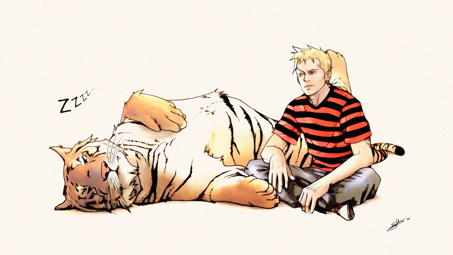 HD PC desktop wallpaper featuring Calvin and Hobbes from the comic series, with Hobbes sleeping and Calvin sitting beside him in a relaxed pose.