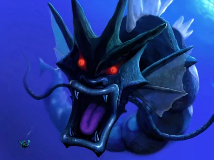 HD desktop wallpaper featuring Gyarados, a water Pokémon, in an intense and dramatic anime-style scene from the Pokémon series. Pikachu and other elements enhance the dynamic atmosphere.