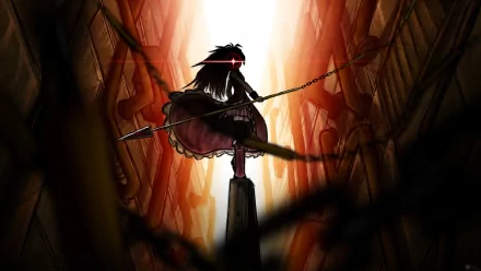 Kyōko Sakura from Puella Magi Madoka Magica stands with her spear silhouetted against a fiery, abstract background in this HD anime desktop wallpaper.